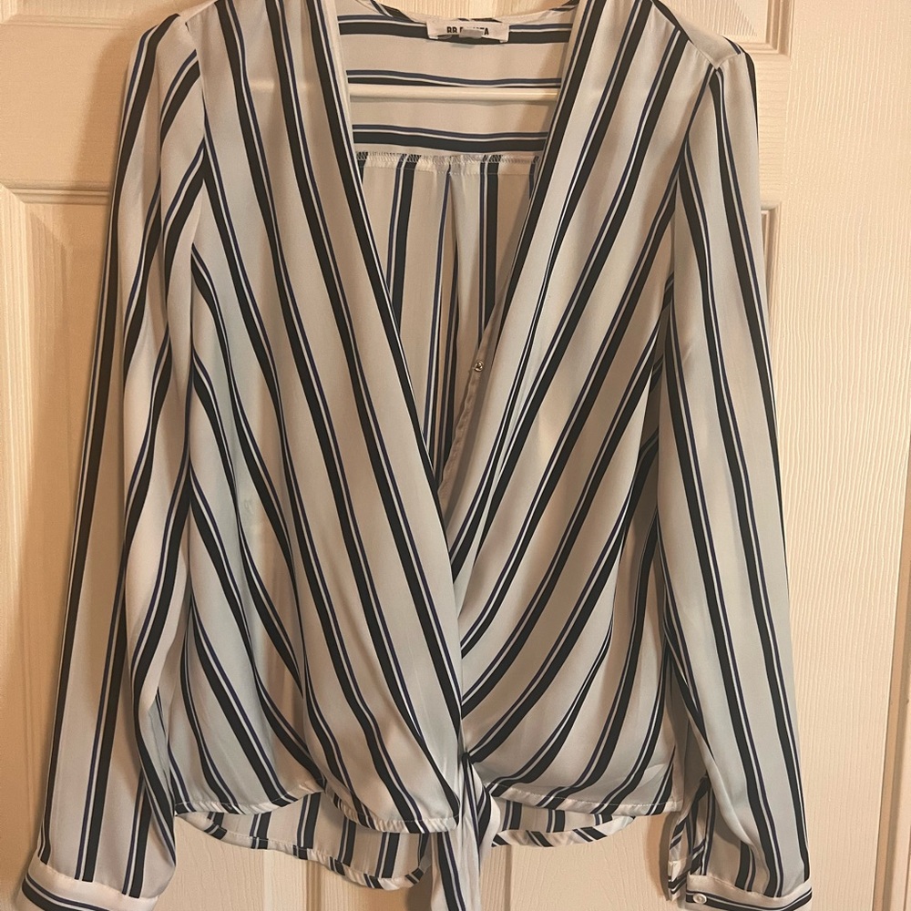 Striped V-Neck Wrap Top - Black, Blue and White